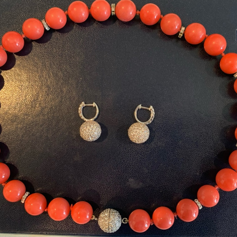 Sterling Silver Faux Coral Beads Swarovski Crystal Stones, Necklace Earrings Set